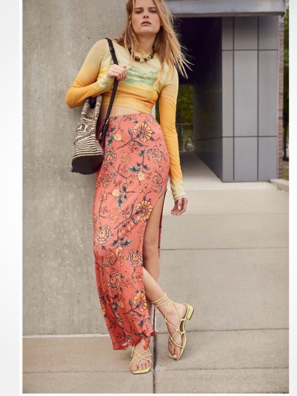 Free People Coral Floral Maxi Skirt with Side Slit